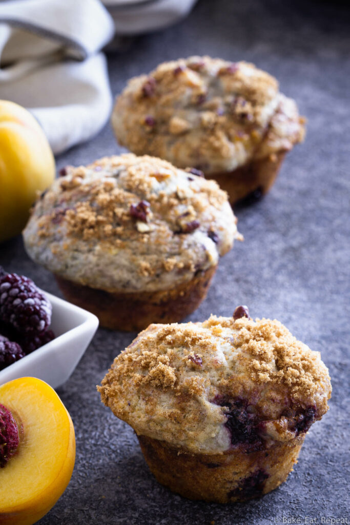 blackberry peach muffins with a coffee cake streusel