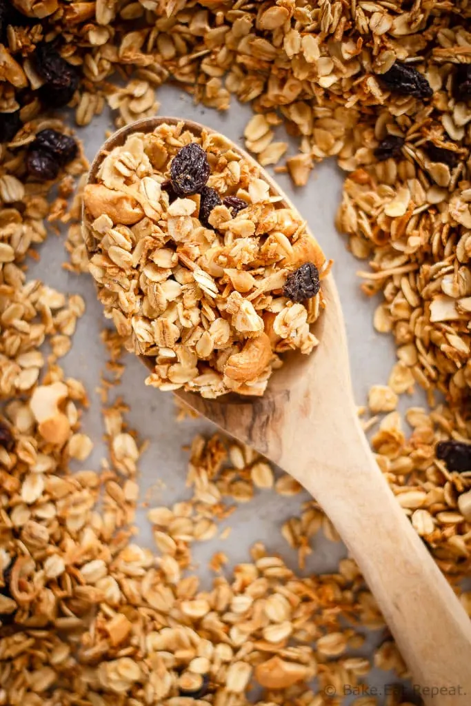 This homemade coconut granola is so fast and easy to make and is easily customizable. Healthy and delicious, it's the perfect breakfast or snack!