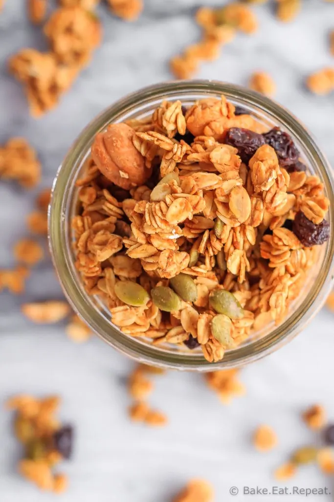 This homemade pumpkin spice granola is so easy to make - pair it with some yogurt for the perfect healthy breakfast or snack!