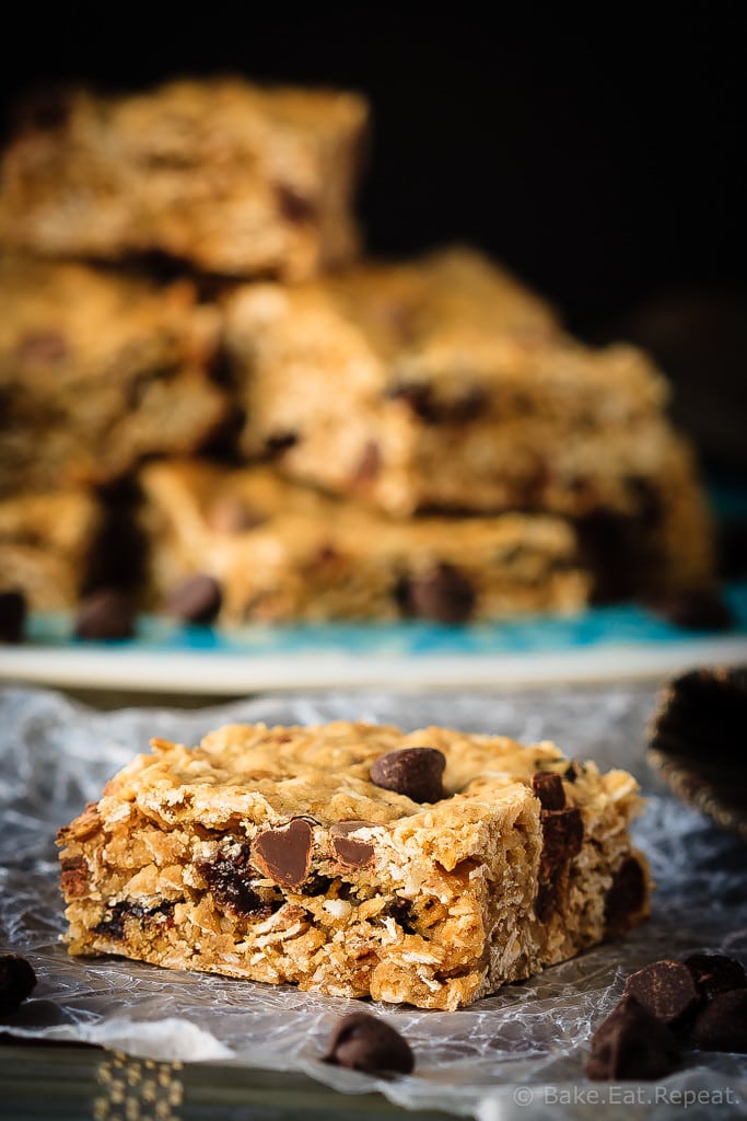 These chewy oatmeal raisin chocolate chip bars are so easy to make and everyone will love them. Your favourite cookie in bar form!