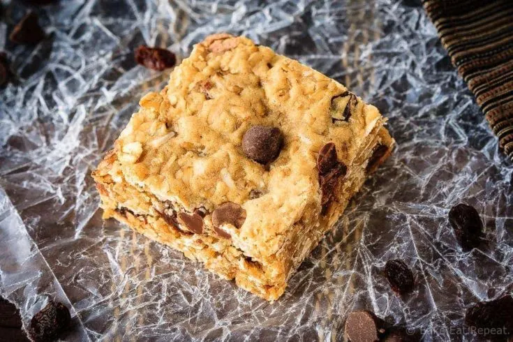These chewy oatmeal raisin chocolate chip bars are so easy to make and everyone will love them. Your favourite cookie in bar form!