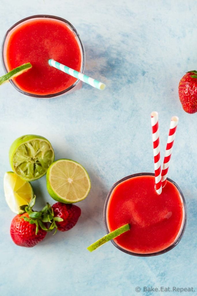 Quick and easy to make watermelon smoothie with strawberries and lime
