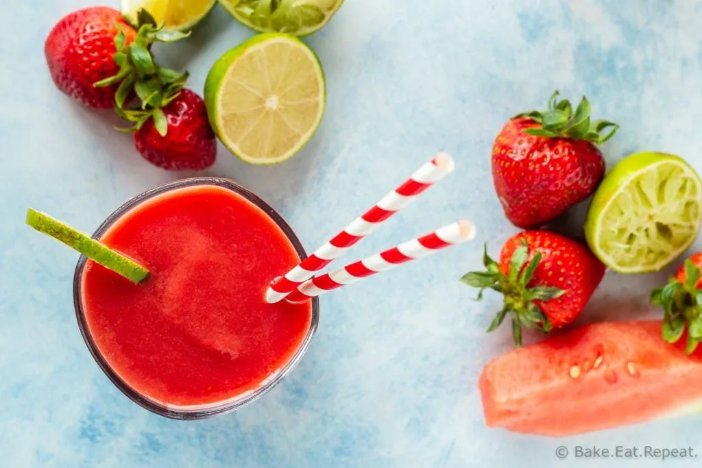 Easy strawberry smoothie with watermelon and lime.