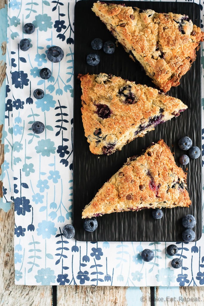 Blueberry Chocolate Chip Scones - Easy to make, light and fluffy blueberry chocolate chip scones sprinkled with coarse sugar - the perfect breakfast treat!