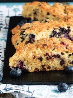 Blueberry Chocolate Chip Scones - Easy to make, light and fluffy blueberry chocolate chip scones sprinkled with coarse sugar - the perfect breakfast treat!