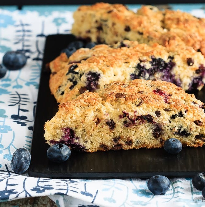 Blueberry Chocolate Chip Scones - Easy to make, light and fluffy blueberry chocolate chip scones sprinkled with coarse sugar - the perfect breakfast treat!