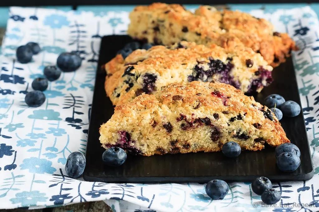 Blueberry Chocolate Chip Scones - Easy to make, light and fluffy blueberry chocolate chip scones sprinkled with coarse sugar - the perfect breakfast treat!