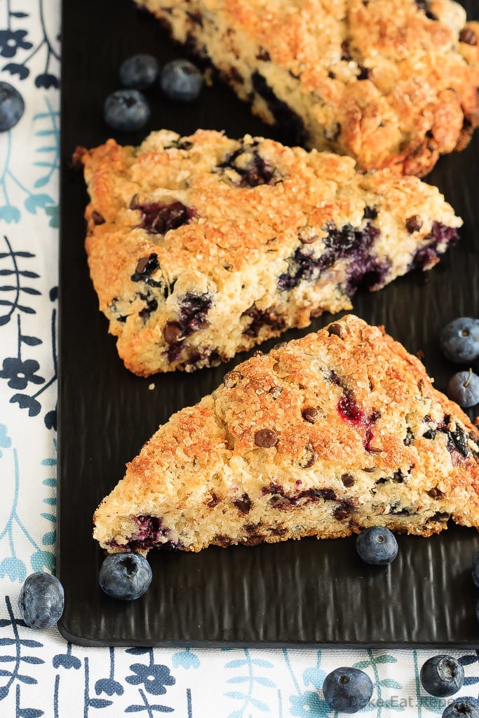 Blueberry Chocolate Chip Scones - Easy to make, light and fluffy blueberry chocolate chip scones sprinkled with coarse sugar - the perfect breakfast treat!