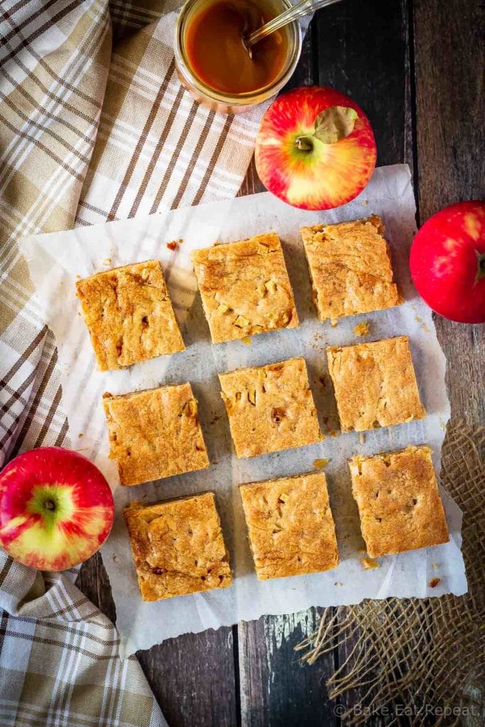 These caramel apple blondies are soft and chewy and filled with apples, cinnamon and salted caramel sauce. They mix up quickly and disappear just as fast!
