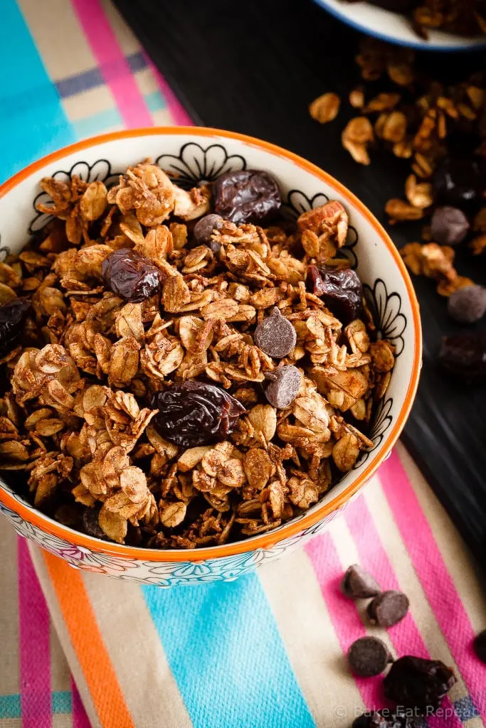 Chocolate Cherry Granola - Quick and easy to make, this homemade chocolate cherry granola is a fantastic breakfast or snack, and it’s healthier then the store-bought kind!