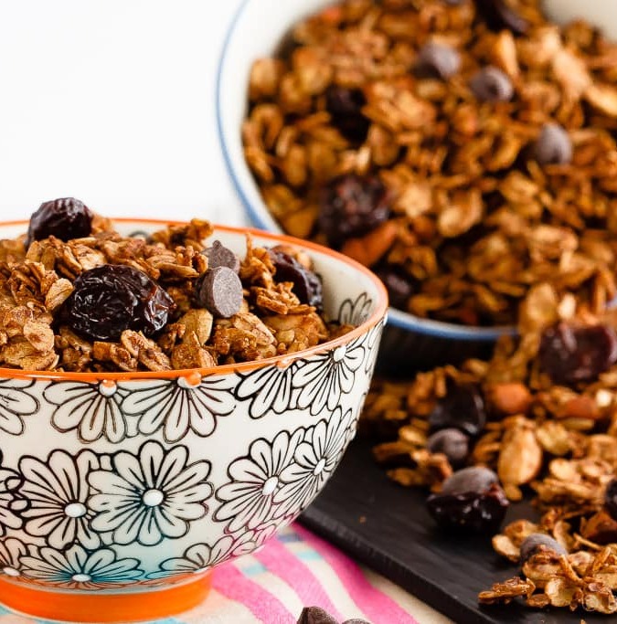 Chocolate Cherry Granola - Quick and easy to make, this homemade chocolate cherry granola is a fantastic breakfast or snack, and it’s healthier then the store-bought kind!