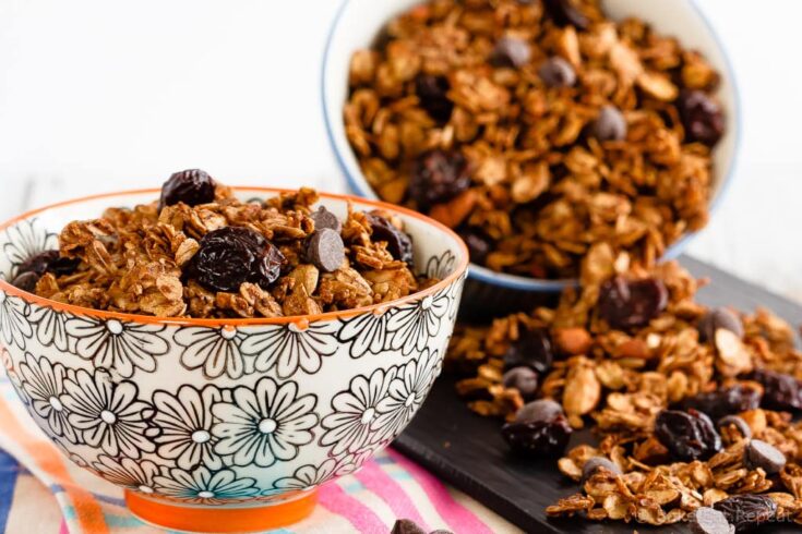 Chocolate Cherry Granola - Quick and easy to make, this homemade chocolate cherry granola is a fantastic breakfast or snack, and it’s healthier then the store-bought kind!