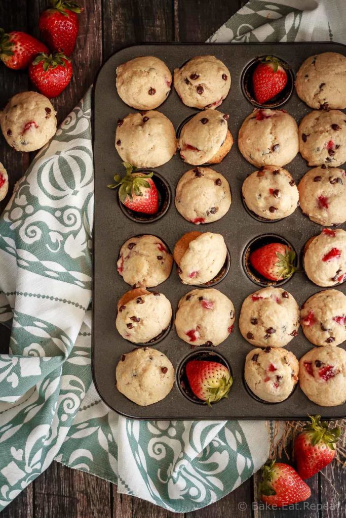 These cute little mini strawberry chocolate chip muffins are quick and easy to make and taste great. Plus they're healthy enough that you can easily have more then one!