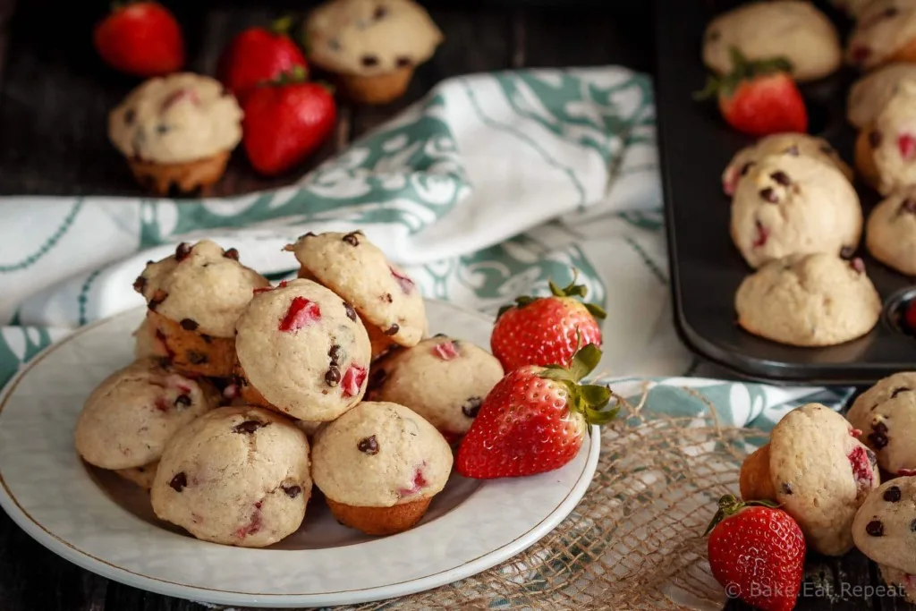 These cute little mini strawberry chocolate chip muffins are quick and easy to make and taste great. Plus they're healthy enough that you can easily have more then one!