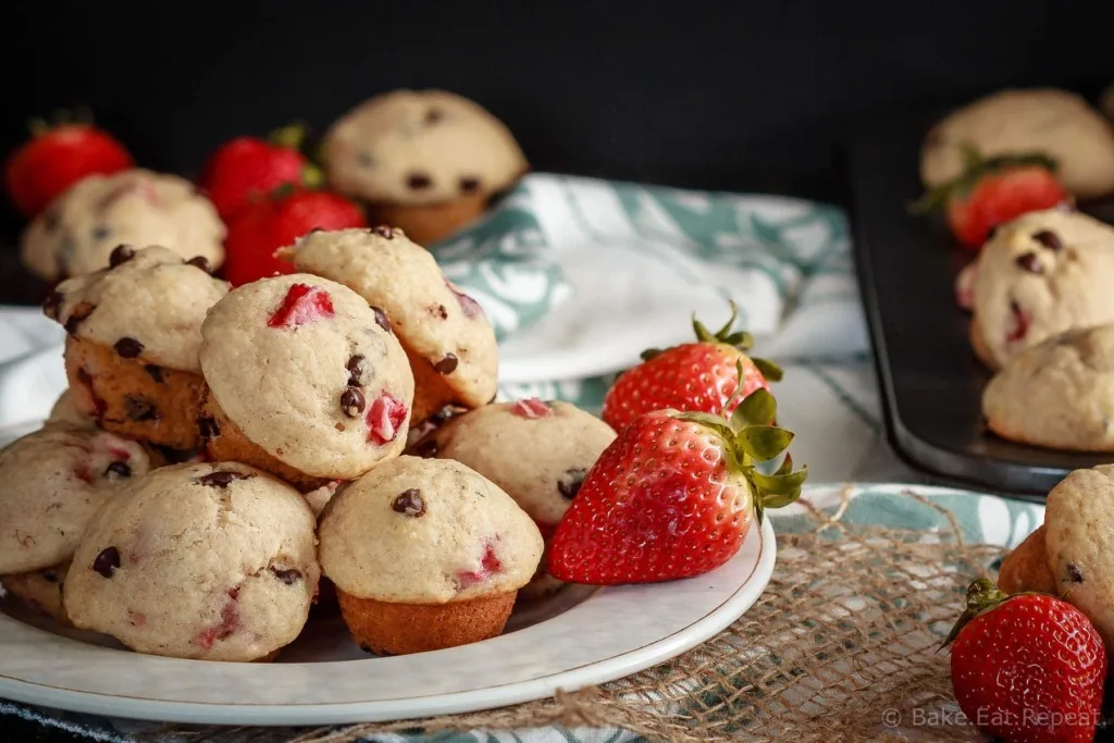 These cute little mini strawberry chocolate chip muffins are quick and easy to make and taste great. Plus they're healthy enough that you can easily have more then one!