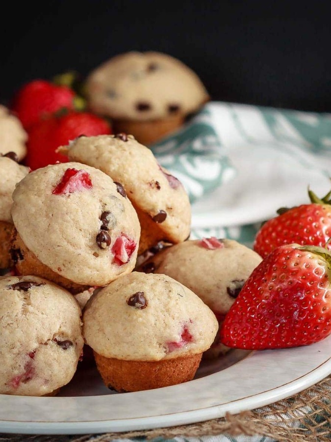 These cute little mini strawberry chocolate chip muffins are quick and easy to make and taste great. Plus they're healthy enough that you can easily have more then one!