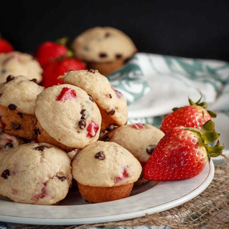 These cute little mini strawberry chocolate chip muffins are quick and easy to make and taste great. Plus they're healthy enough that you can easily have more then one!