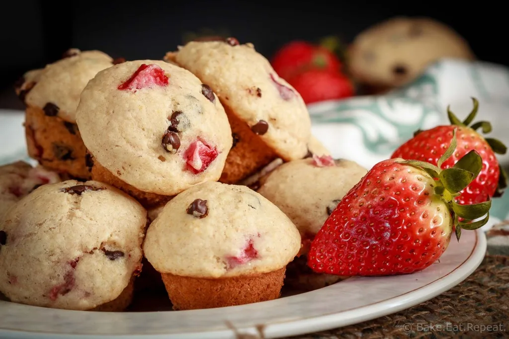 These cute little mini strawberry chocolate chip muffins are quick and easy to make and taste great. Plus they're healthy enough that you can easily have more then one!