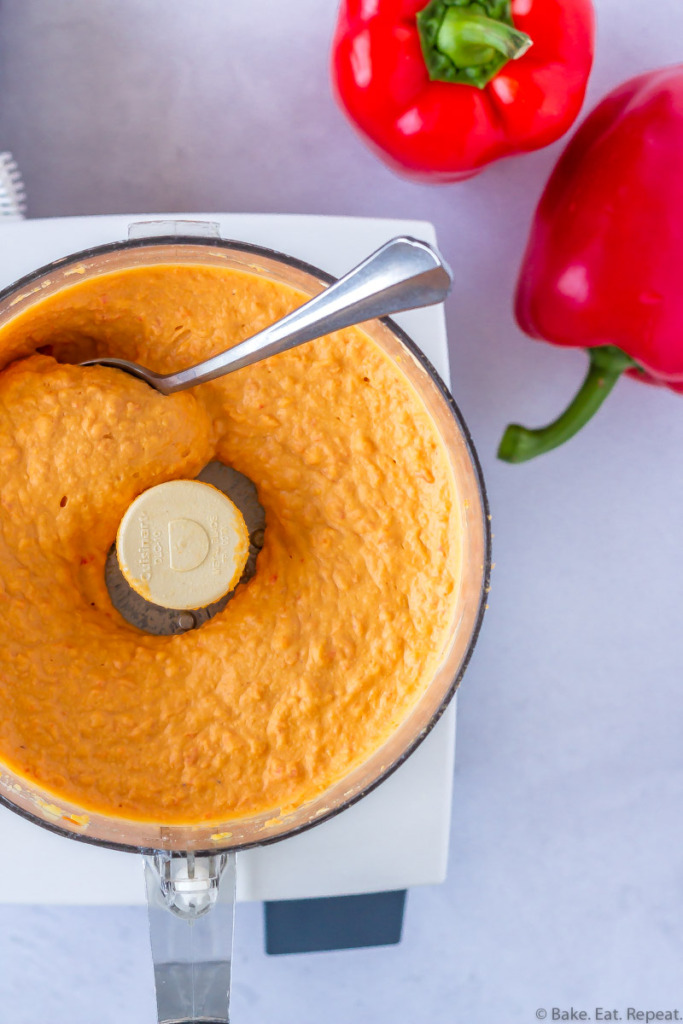 food processor making roasted red pepper hummus