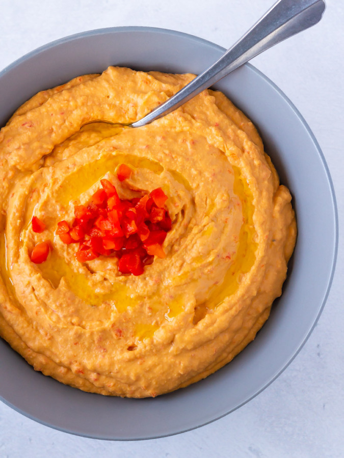 homemade hummus with roasted red peppers