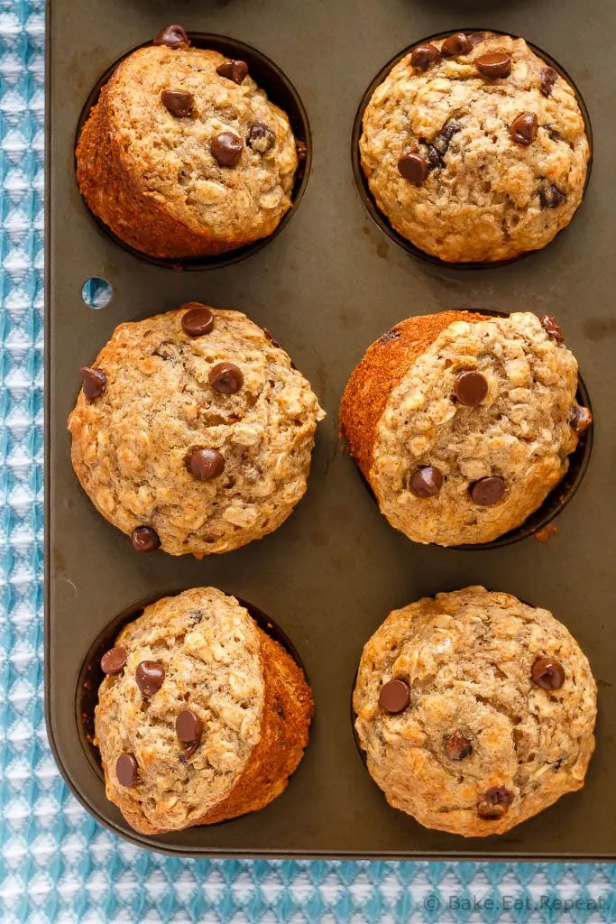 These chocolate chip banana oatmeal muffins are super easy to make. Filled with oats, whole wheat flour, and bananas - they're healthy enough for breakfast!