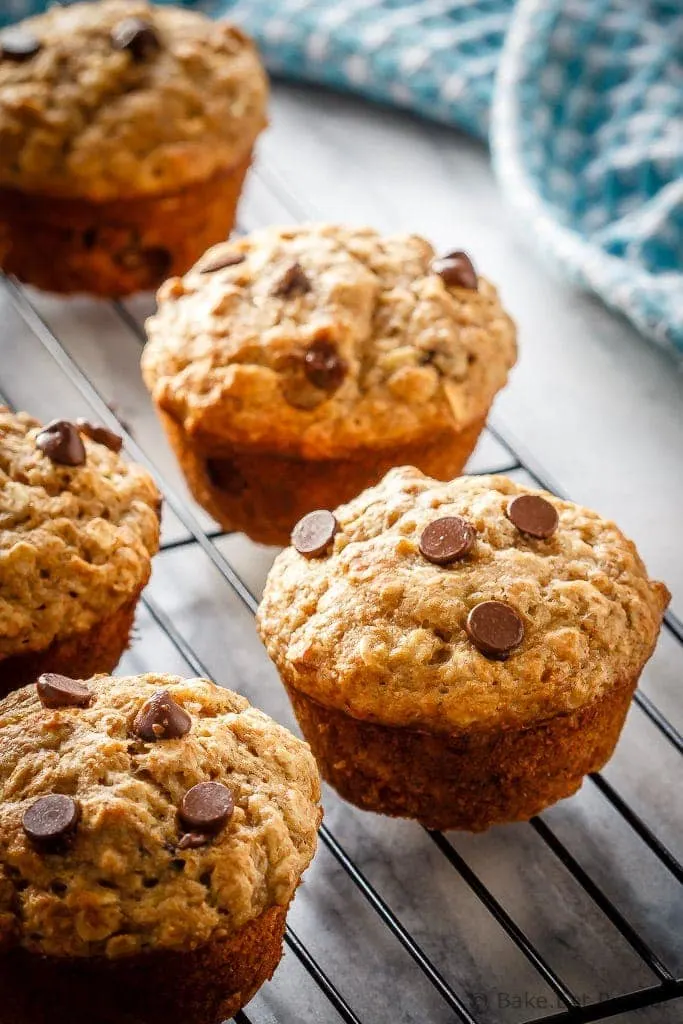 These chocolate chip banana oatmeal muffins are super easy to make. Filled with oats, whole wheat flour, and bananas - they're healthy enough for breakfast!