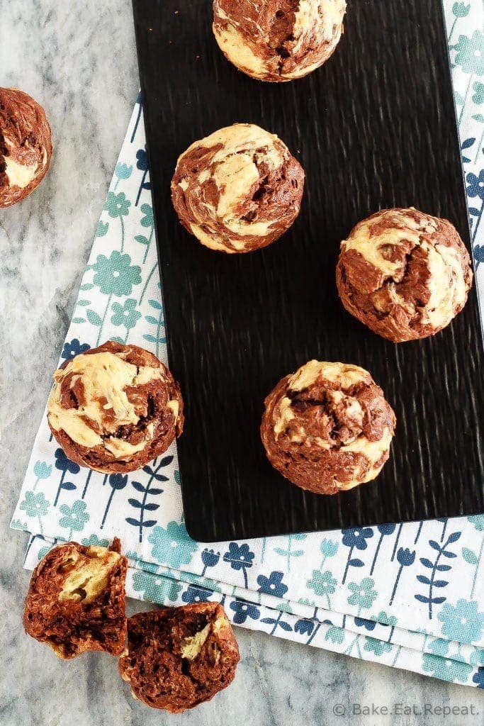 Marbled Chocolate Banana Muffins - These marbled chocolate banana muffins, made with minimal sugar and plain Greek yogurt to keep them a bit healthier, make the perfect breakfast or snack!