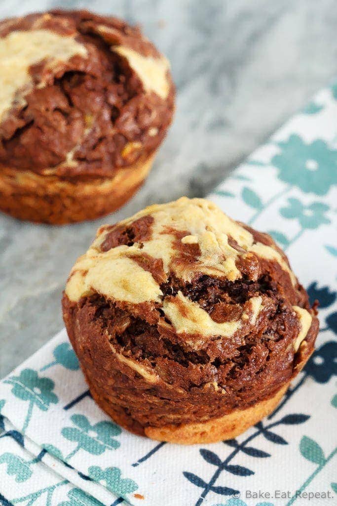 Marbled Chocolate Banana Muffins - These marbled chocolate banana muffins, made with minimal sugar and plain Greek yogurt to keep them a bit healthier, make the perfect breakfast or snack!