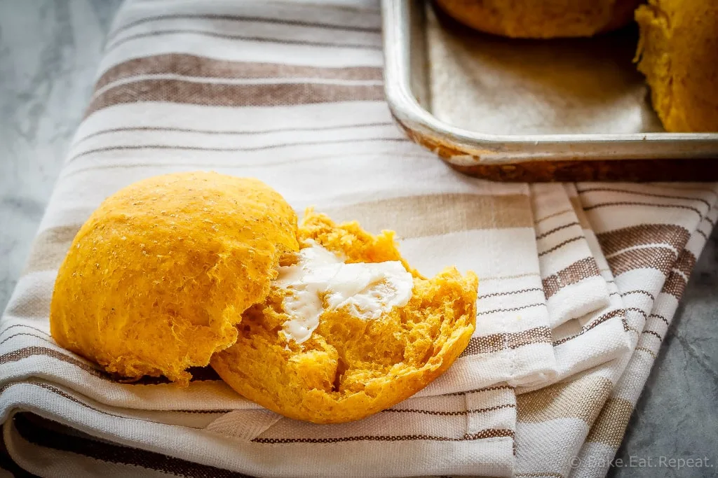 These whole wheat pumpkin dinner rolls are soft and fluffy and so easy to make. Plus they are amazing piled with turkey or ham for lunch!