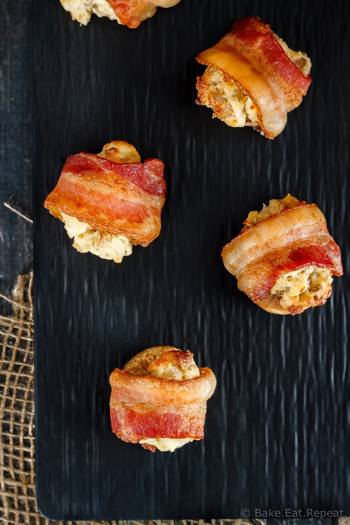 An easy and delicious appetizer that can be made ahead of time. These creamy, cheesy, crab stuffed mushrooms are wrapped in bacon for the perfect appetizer!
