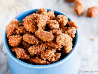 Cinnamon Sugar Almonds - Easy cinnamon sugar almonds. 5 minutes of prep time plus one hour of baking equals completely addictive, crunchy, candied almonds. The best kind of snack!