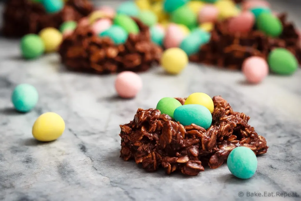 Bird's nest cookies with chocolate mini eggs for Easter