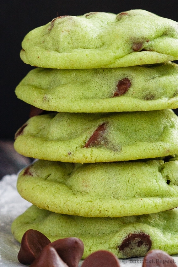 Chewy Chocolate Mint Chip Cookies - Chewy chocolate mint chip cookies that are coloured green for a perfect St. Patrick's Day treat - or any time really!
