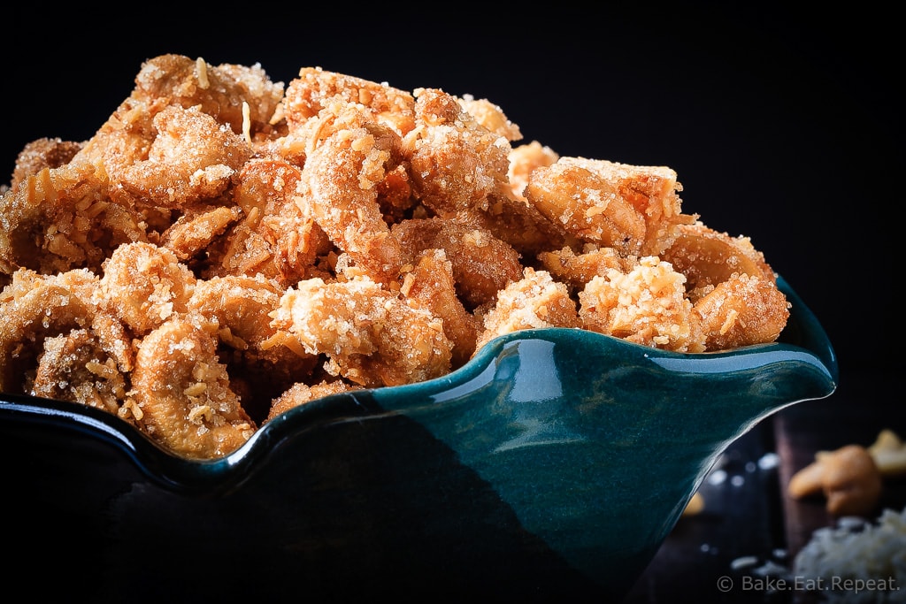 Coconut Cashews - These candied coconut cashews are completely addictive. So good that you will not want to stop eating them until they're gone. And then you have to make more.