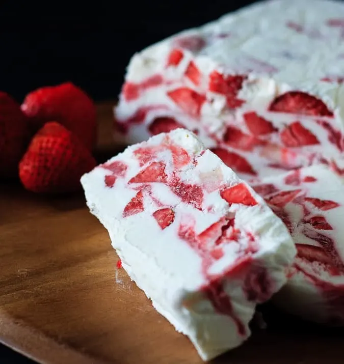 Strawberry Yogurt Terrine - A quick and easy no churn ice cream dessert that’s perfect for Canada Day (or the 4th if you add some blueberries!) - strawberry yogurt terrine - icy, creamy, delicious.