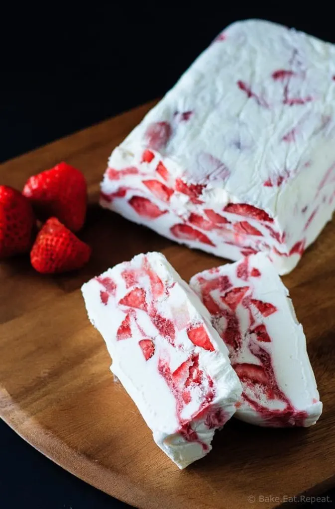 Strawberry Yogurt Terrine - A quick and easy no churn ice cream dessert that’s perfect for Canada Day (or the 4th if you add some blueberries!) - strawberry yogurt terrine - icy, creamy, delicious.