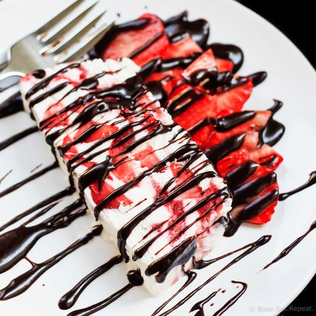 Strawberry Yogurt Terrine - A quick and easy no churn ice cream dessert that’s perfect for Canada Day (or the 4th if you add some blueberries!) - strawberry yogurt terrine - icy, creamy, delicious.