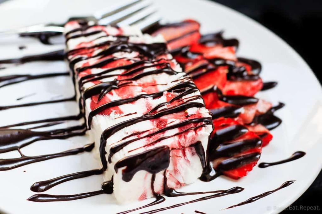 Strawberry Yogurt Terrine - A quick and easy no churn ice cream dessert that’s perfect for Canada Day (or the 4th if you add some blueberries!) - strawberry yogurt terrine - icy, creamy, delicious.