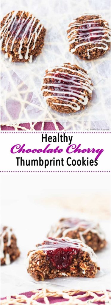 Healthy Chocolate Cherry Thumbprint Cookies - Quick and easy chocolate cherry thumbprint cookies that are as healthy as they are tasty!  A chocolate fix that’s good for you!