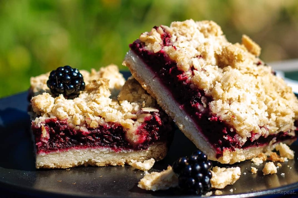 Blackberry Crumble Bars - Easy blackberry crumble bars are perfect for dessert or a special treat to tuck into a lunchbox. A shortbread crust and sweet oatmeal crumble topping with an amazing blackberry filling.