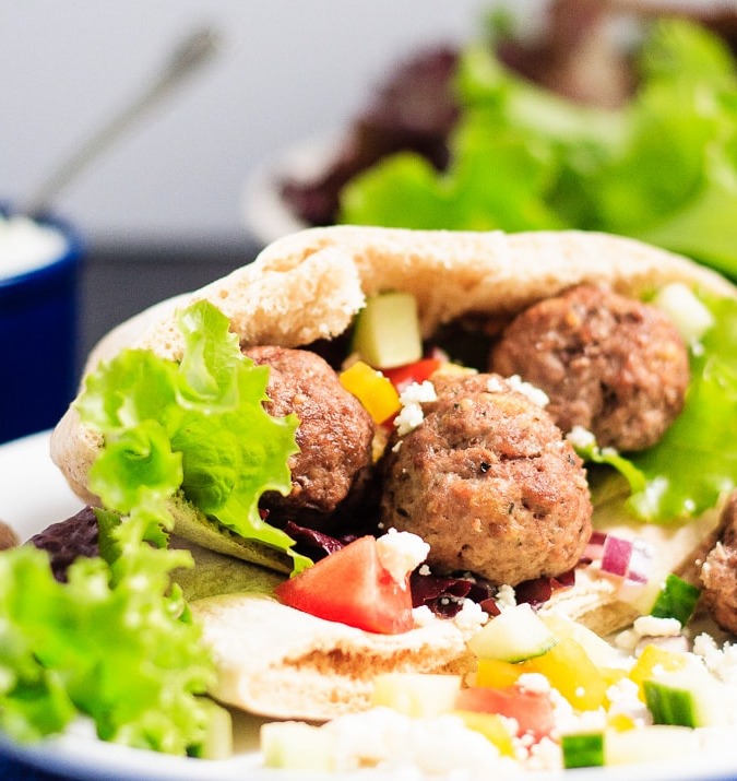 Meatball Souvlaki - An easy meal that the whole family will love! This meatball souvlaki is full of Greek flavours, plus the meatballs freeze well!