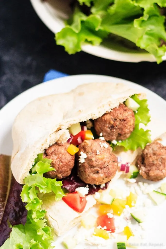 Meatball Souvlaki - An easy meal that the whole family will love!  This meatball souvlaki is full of Greek flavours, plus the meatballs freeze well!