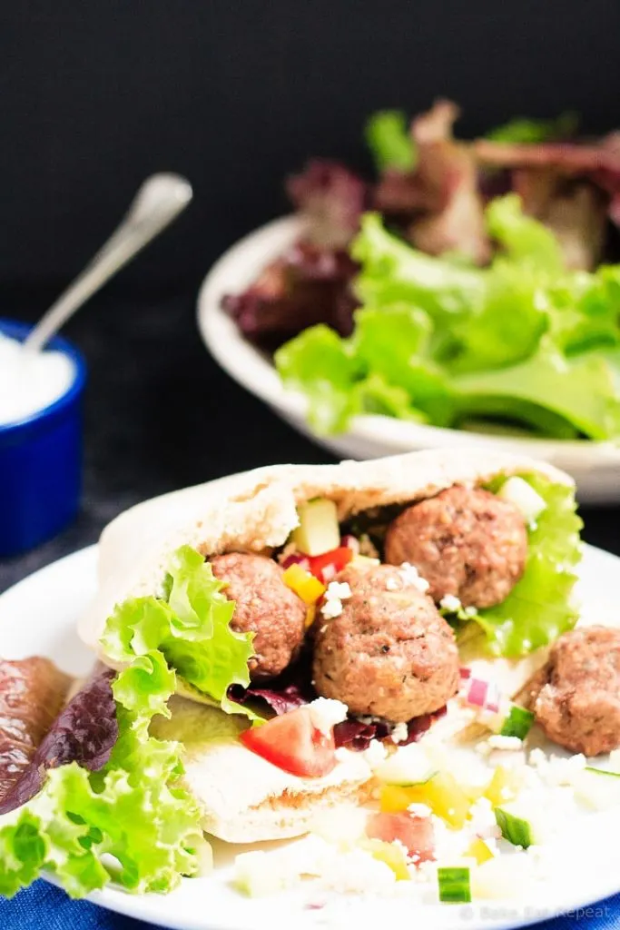 Meatball Souvlaki - An easy meal that the whole family will love! This meatball souvlaki is full of Greek flavours, plus the meatballs freeze well!