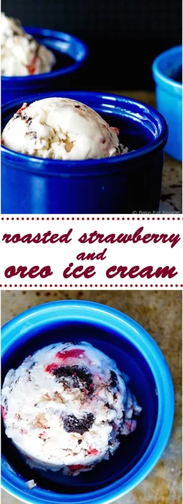 Roasted Strawberry and Oreo Ice Cream - Easy and delicious no churn ice cream filled with roasted strawberries and oreo cookies. Only 6 ingredients to make! Plus, it’s lightened up with some Greek yogurt!