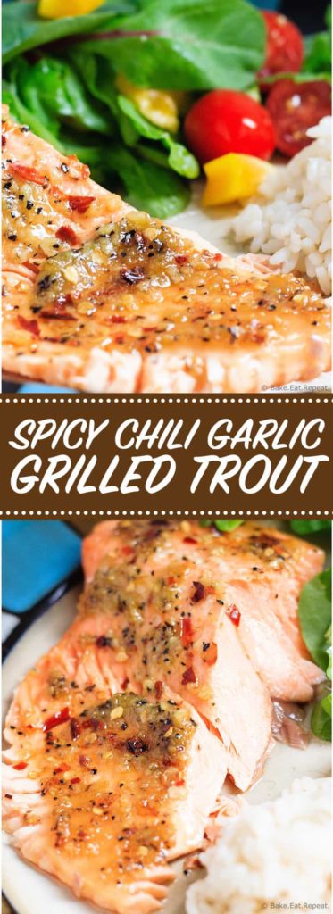 Spicy Chili Garlic Grilled Trout - Quick and easy spicy chili garlic grilled trout - dinner is on the table in under 30 minutes! Perfect for those busy school nights!