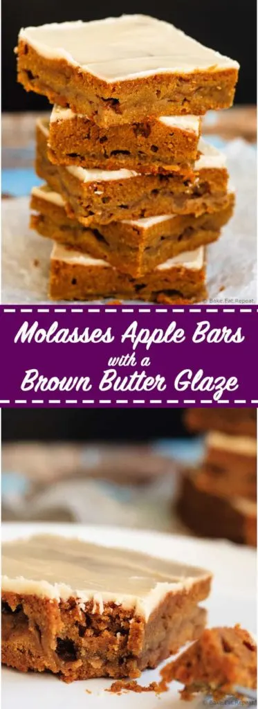Molasses Apple Bars with a Brown Butter Glaze - Chewy molasses apple bars filled with warm spices and topped with a divine brown butter glaze. These bars are the perfect fall treat!