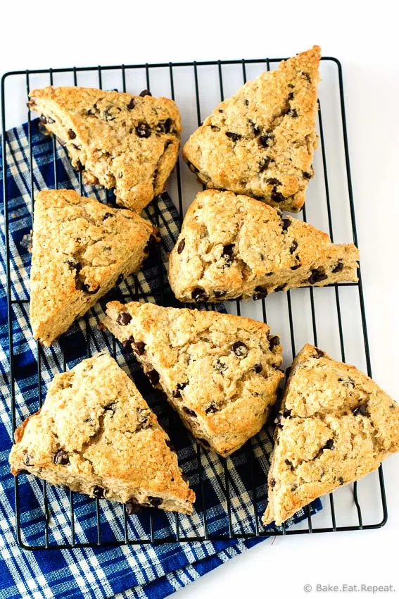 Chocolate Chip Scones - Flaky, tender, filled with chocolate chips and topped with coarse sugar - these scones make the perfect treat with your morning coffee!