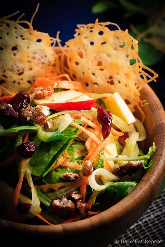 Carrot, Apple and Cucumber Salad - Amazing carrot, apple and cucumber salad with candied pecans and asiago crisps, all drizzled with a red wine vinaigrette.