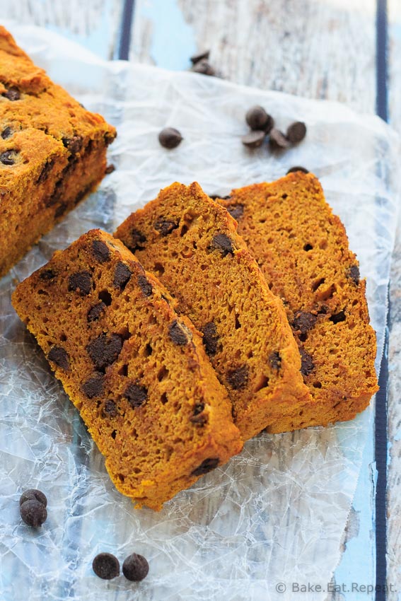Chocolate Chip Pumpkin Bread - Easy, moist, delicious, and healthy, this chocolate chip pumpkin bread is perfect for a snack, or even for breakfast! Low fat, low sugar, and whole grain.