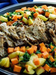 Slow Cooker Pork Roast - An easy slow cooker pork roast with maple roasted sweet potatoes, apples and spinach. The perfect fall meal!